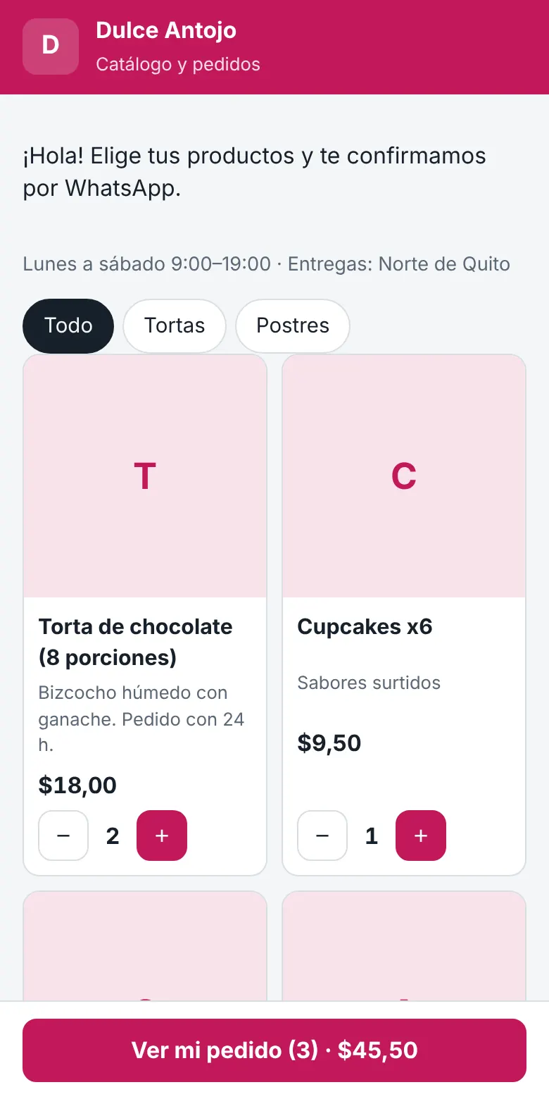 Catálogo de pedidos por WhatsApp de una pastelería